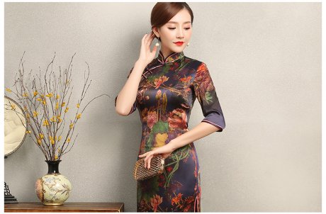 百花齊放優(yōu)雅旗袍，深紫色印花旗袍裙