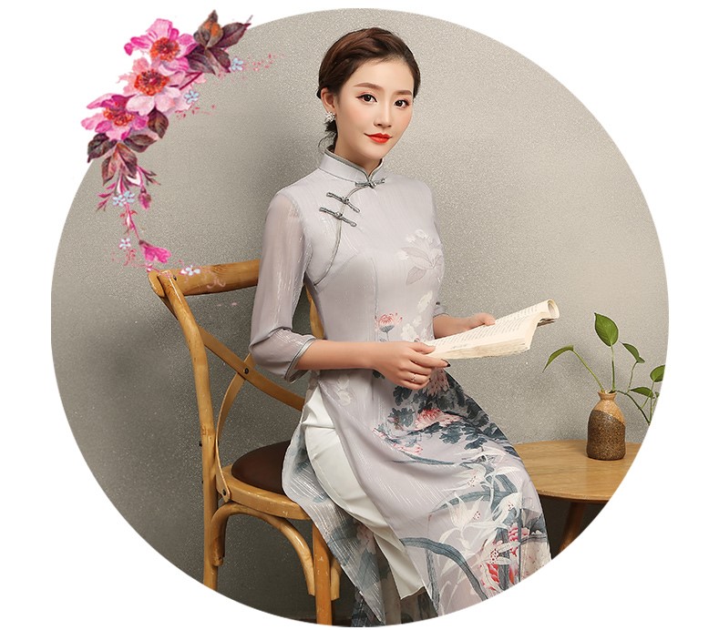 淡灰色花閣旗袍，奧黛風(fēng)中式旗袍裙