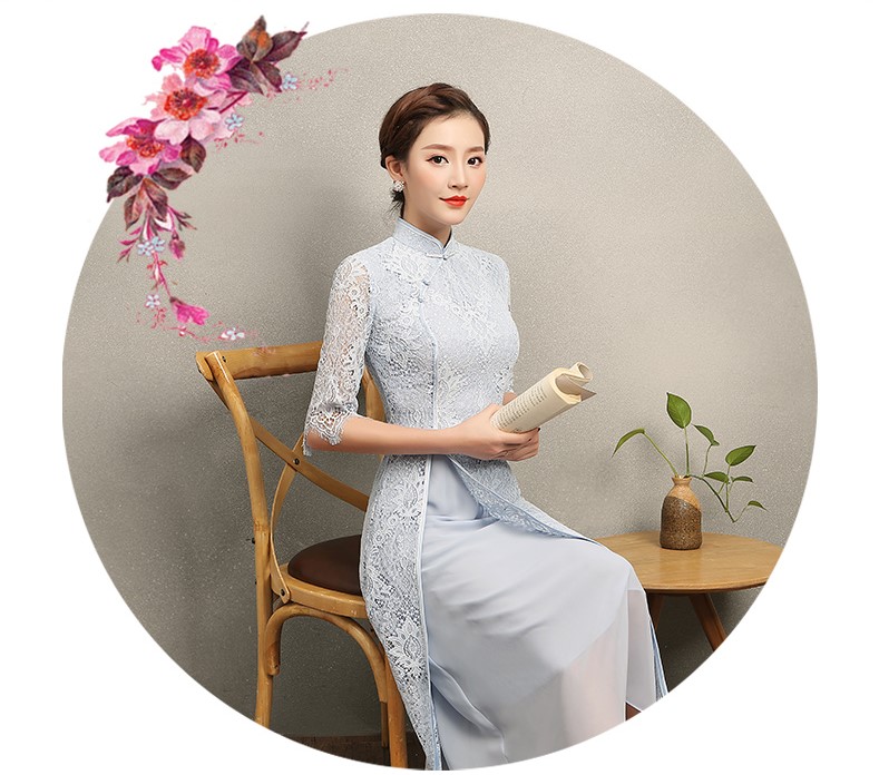 氣質(zhì)素藍(lán)色蕾絲旗袍，中袖中式旗袍裙