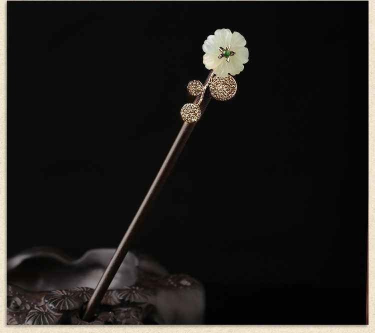 古典盤發(fā)玉花珠釵，古風岫玉發(fā)釵發(fā)簪頭飾