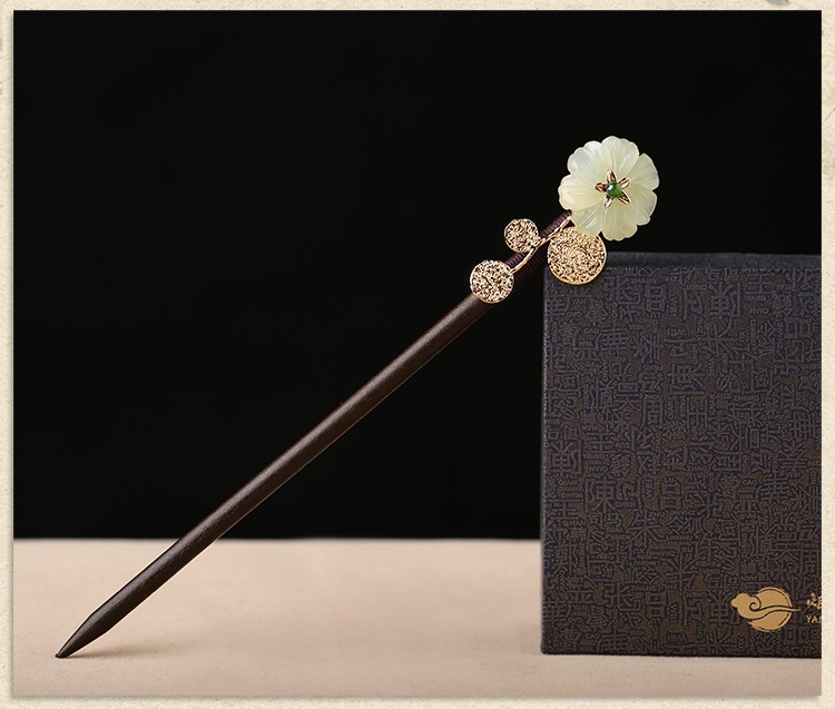 古典盤發(fā)玉花珠釵，古風岫玉發(fā)釵發(fā)簪頭飾