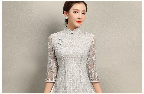 淺灰?jiàn)W黛風(fēng)旗袍，蕾絲中式旗袍裙