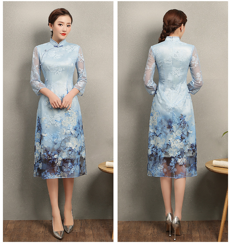 清雅藍(lán)蝶蕾絲旗袍，中袖唯美旗袍裙