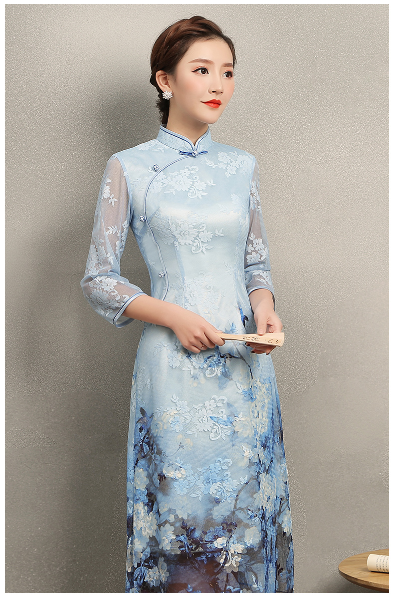 清雅藍(lán)蝶蕾絲旗袍，中袖唯美旗袍裙