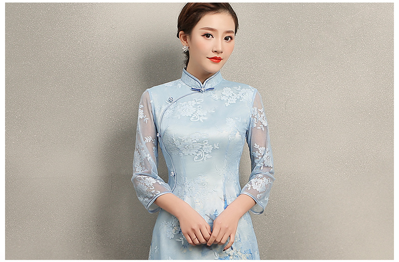 清雅藍(lán)蝶蕾絲旗袍，中袖唯美旗袍裙