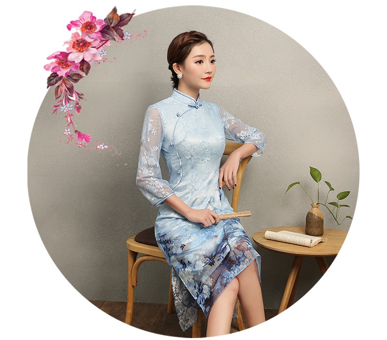 清雅藍(lán)蝶蕾絲旗袍，中袖唯美旗袍裙