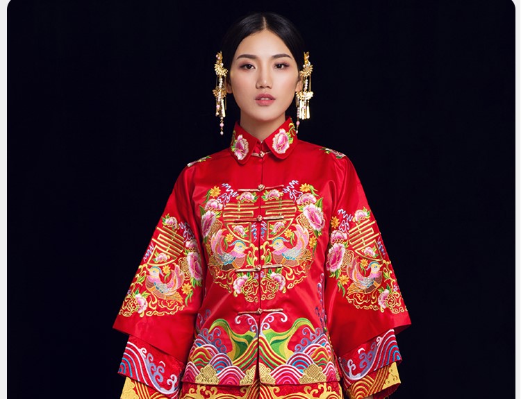 喜締鴛鴦中式禮服，喜字鴛鴦刺繡新娘禮服