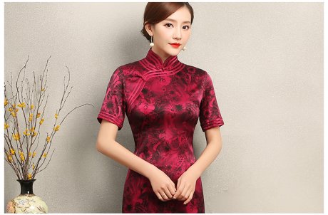 紅色短袖旗袍，復(fù)古包邊印花旗袍裙