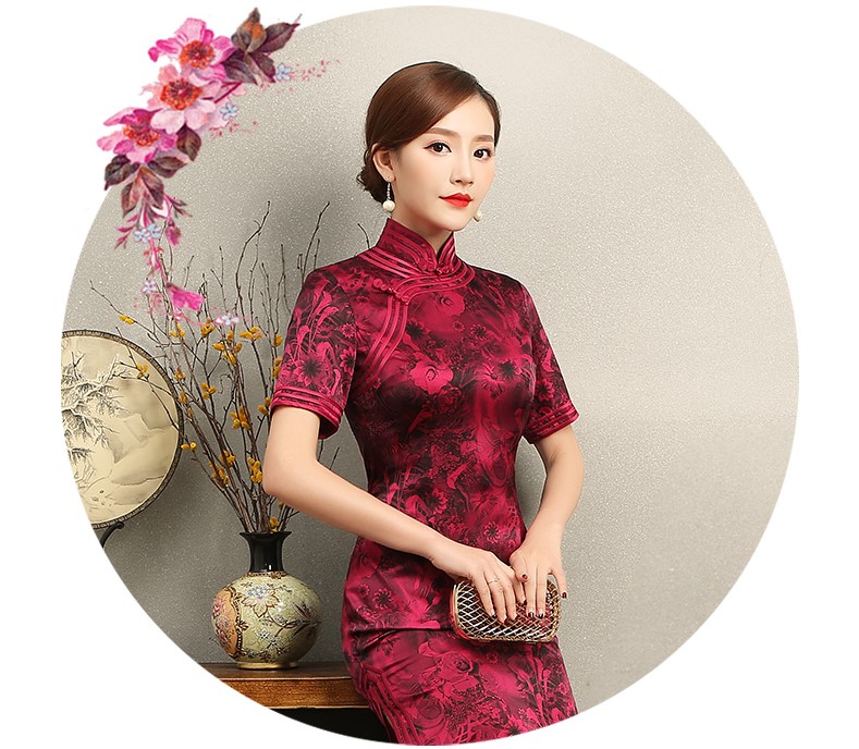 紅色短袖旗袍，復(fù)古包邊印花旗袍裙