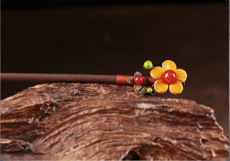 亮黃色花朵發(fā)簪，古風(fēng)古風(fēng)盤發(fā)木簪子頭飾