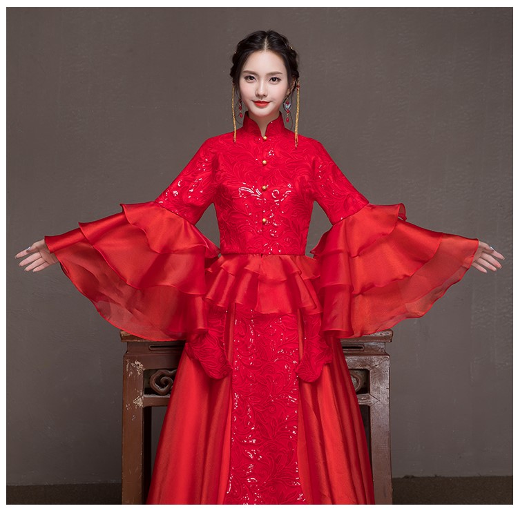 荷葉邊袖新娘結(jié)婚禮服，優(yōu)雅網(wǎng)紗蓬松中式禮服