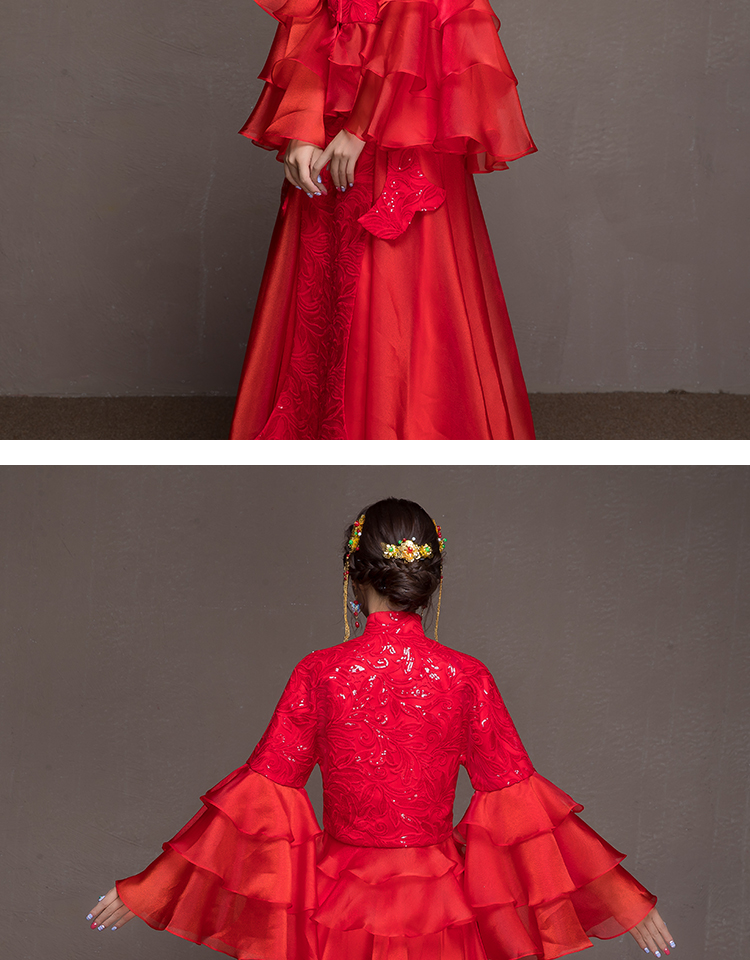 荷葉邊袖新娘結(jié)婚禮服，優(yōu)雅網(wǎng)紗蓬松中式禮服