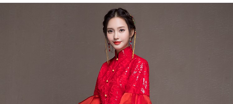 荷葉邊袖新娘結(jié)婚禮服，優(yōu)雅網(wǎng)紗蓬松中式禮服