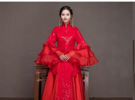 荷葉邊袖新娘結(jié)婚禮服，優(yōu)雅網(wǎng)紗蓬松中式禮服