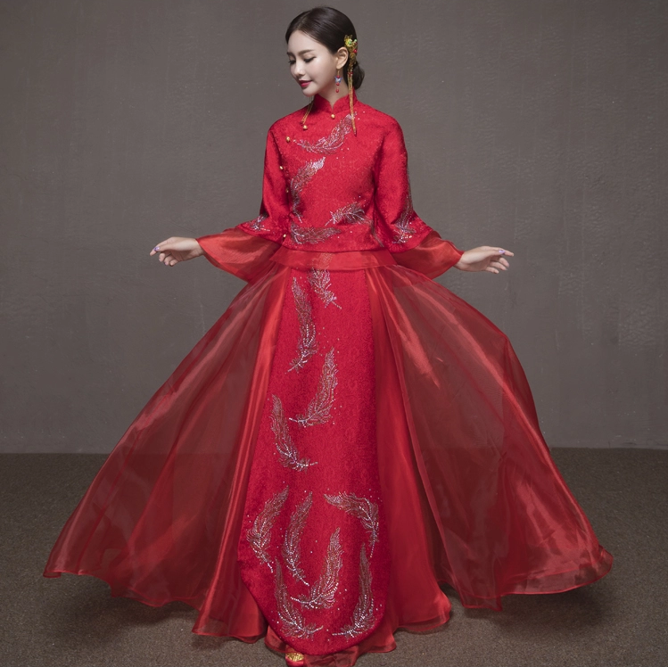 羽毛圖案新娘結(jié)婚禮服，簡約大氣中式禮服