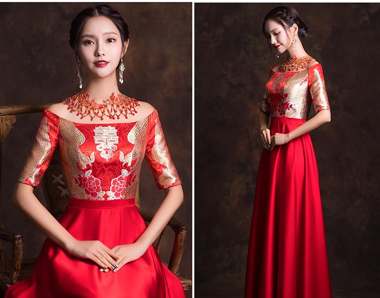 一字肩新娘結(jié)婚禮服，唯美流蘇中式禮服