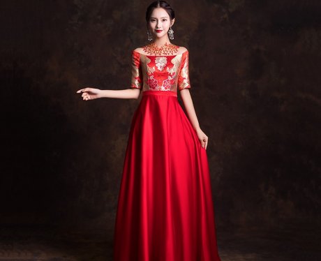 一字肩新娘結(jié)婚禮服，唯美流蘇中式禮服
