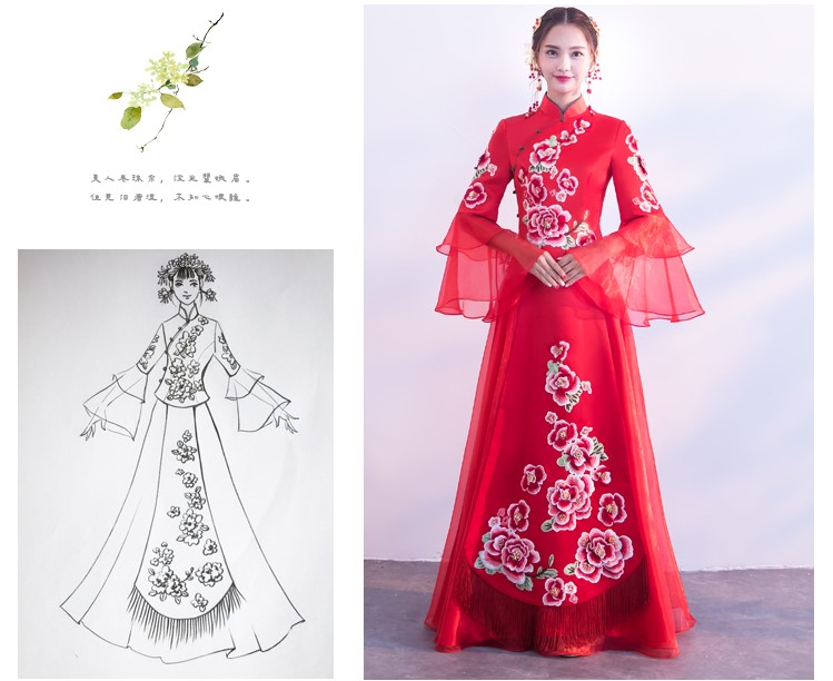 荷葉袖中式禮服，唯美牡丹花新娘禮服