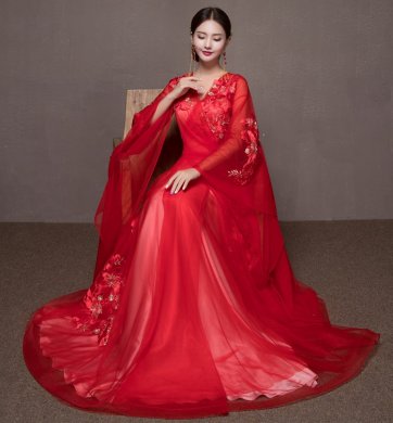超仙蕾絲網(wǎng)紗中式禮服，唯美斜襟漢服新娘禮服