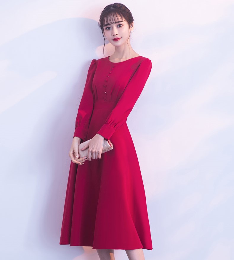 紅色長袖收腰中式禮服，時(shí)尚蝴蝶結(jié)晚禮服