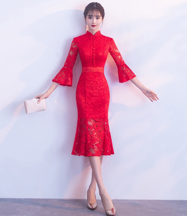 紅色性感蕾絲中式禮服，中式復(fù)古晚禮服