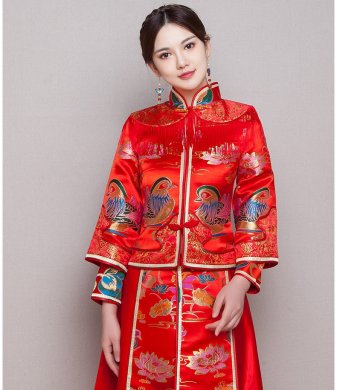 鴛鴦戲水新娘禮服，唯美流蘇中式禮服