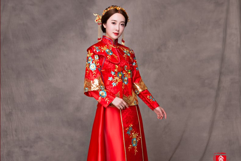 華麗蘭花刺繡新娘禮服，中國(guó)風(fēng)中式禮服