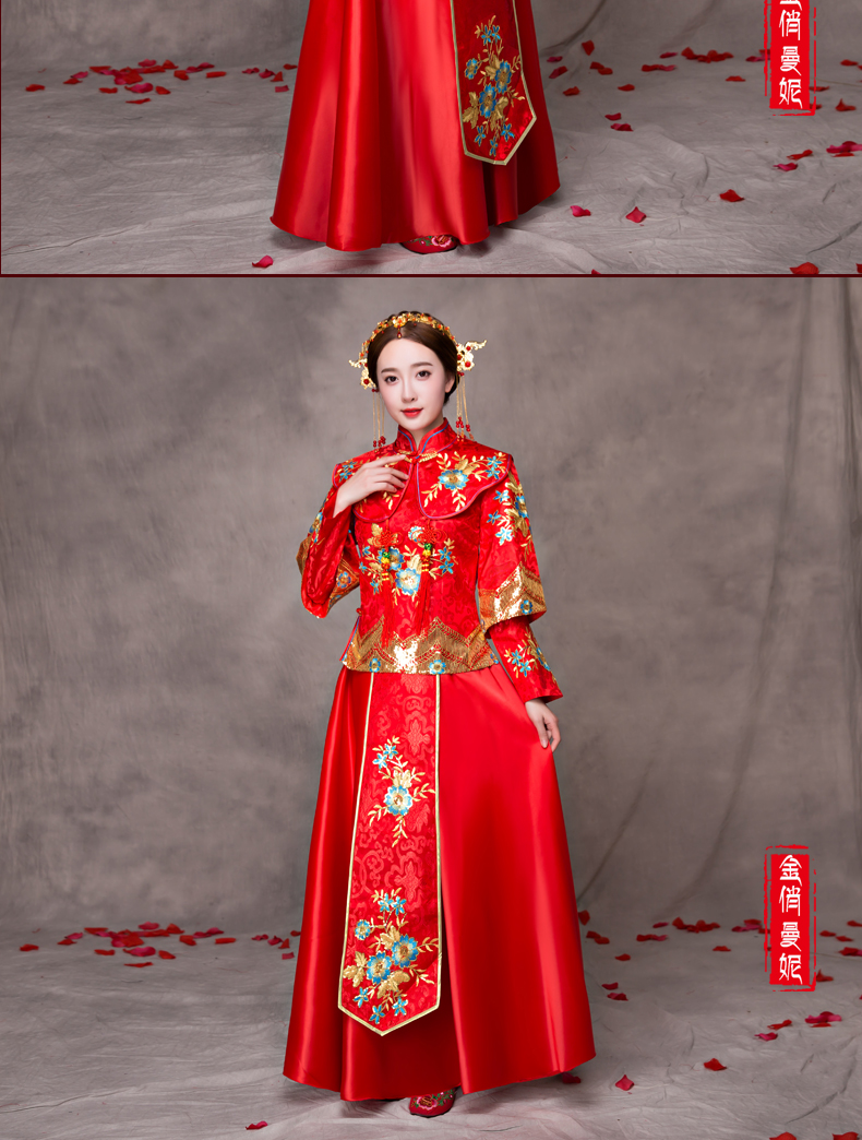 華麗蘭花刺繡新娘禮服，中國(guó)風(fēng)中式禮服