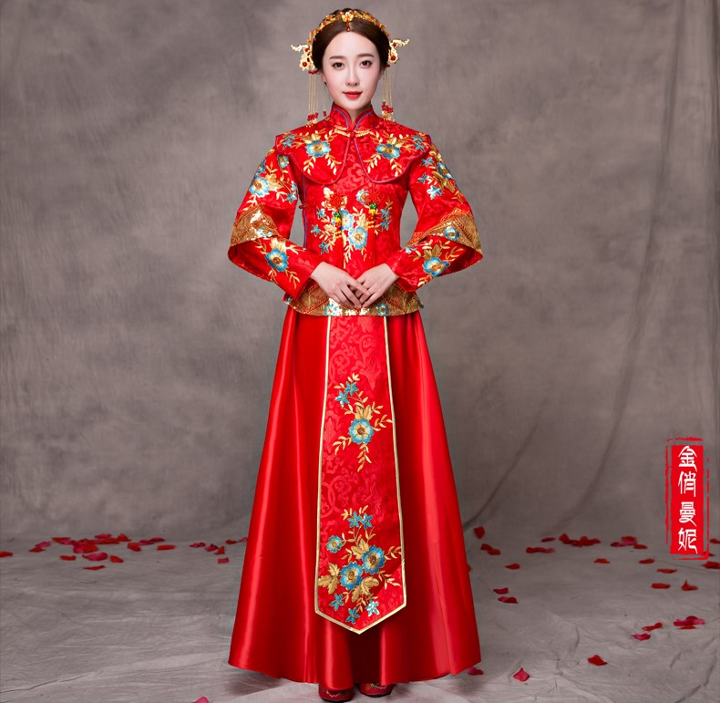 華麗蘭花刺繡新娘禮服，中國(guó)風(fēng)中式禮服