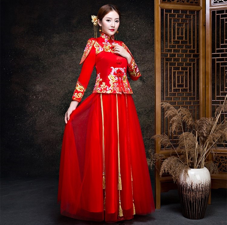 金玉良緣新娘禮服，小披肩中式禮服