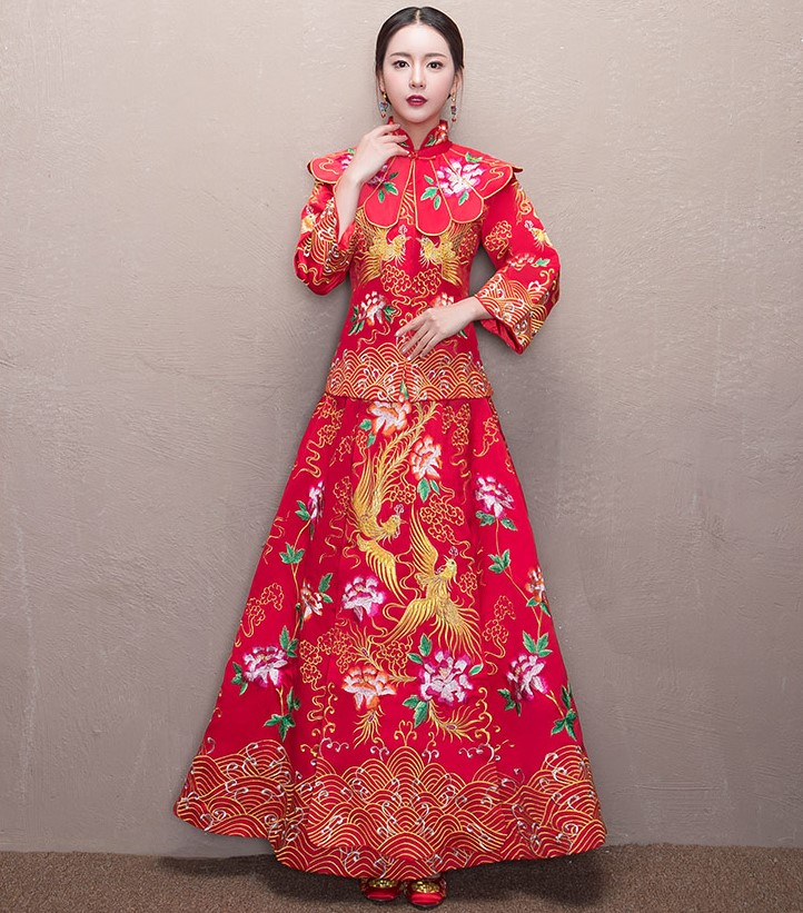 牡丹花領(lǐng)新娘禮服，古典刺繡中式禮服