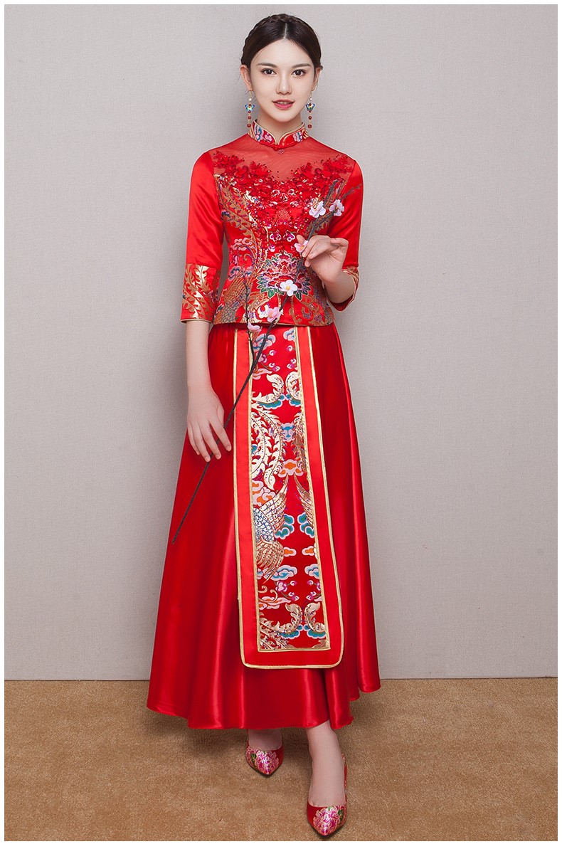 古典華麗新娘禮服，復(fù)古蕾絲中式禮服