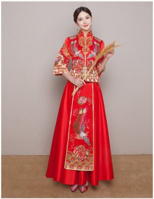 牡丹鳳凰刺繡新娘禮服，唯美中式禮服
