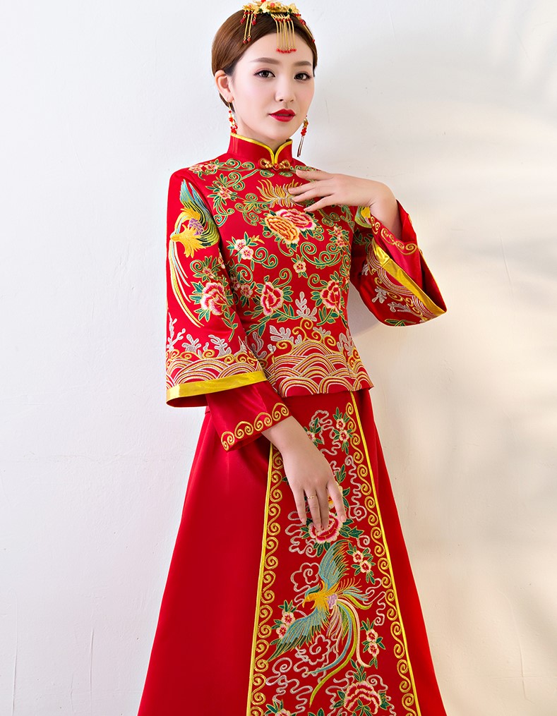 唯美中國風中式禮服，鳳牡丹刺繡新娘禮服