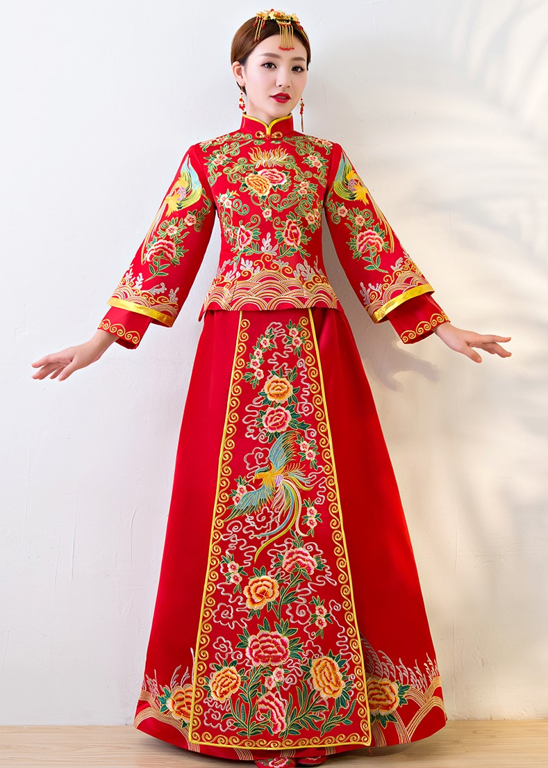 唯美中國風中式禮服，鳳牡丹刺繡新娘禮服