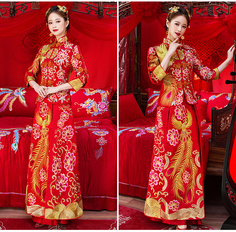 奢華刺繡中式禮服，唯美手工盤(pán)扣新娘禮服