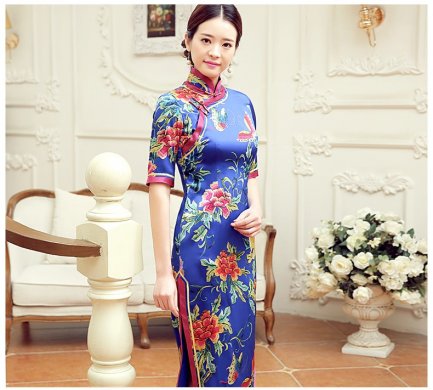 復(fù)古蝶花舞短袖旗袍，蠶絲時尚旗袍裙