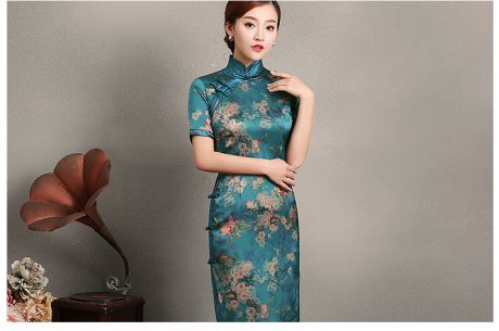 藍綠色玉梅短袖旗袍，蠶絲時尚旗袍裙