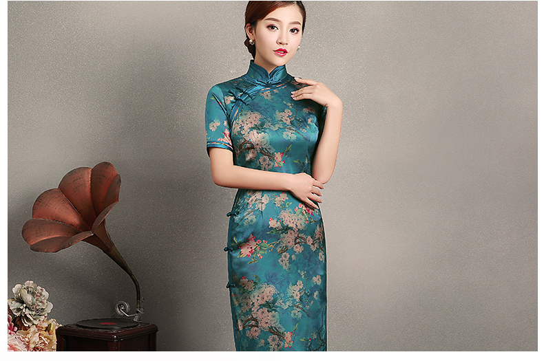 藍(lán)綠色玉梅短袖旗袍，蠶絲時尚旗袍裙