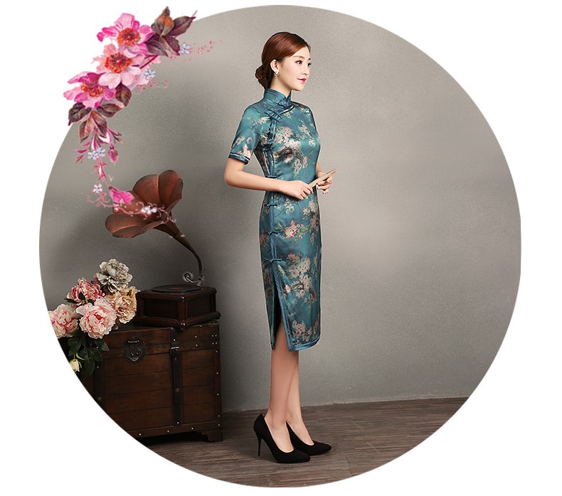 藍(lán)綠色玉梅短袖旗袍，蠶絲時尚旗袍裙
