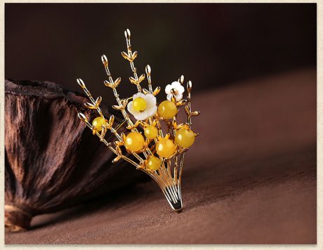 黃瑪瑙中國風氣質(zhì)胸針，唯美清新復古胸花