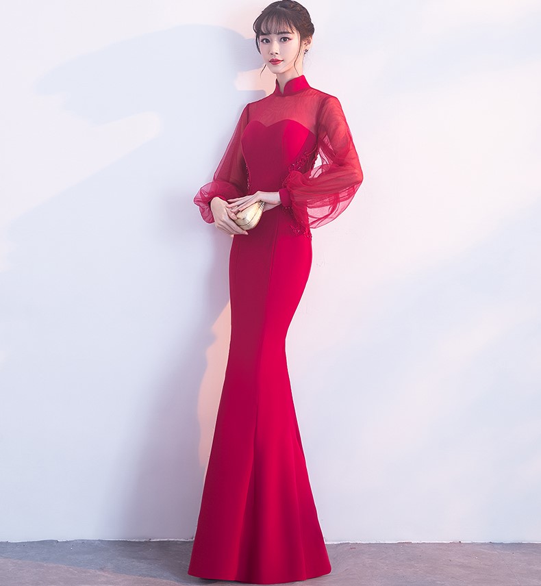 時(shí)尚魚(yú)尾中式禮服，半透燈籠袖氣質(zhì)晚禮服