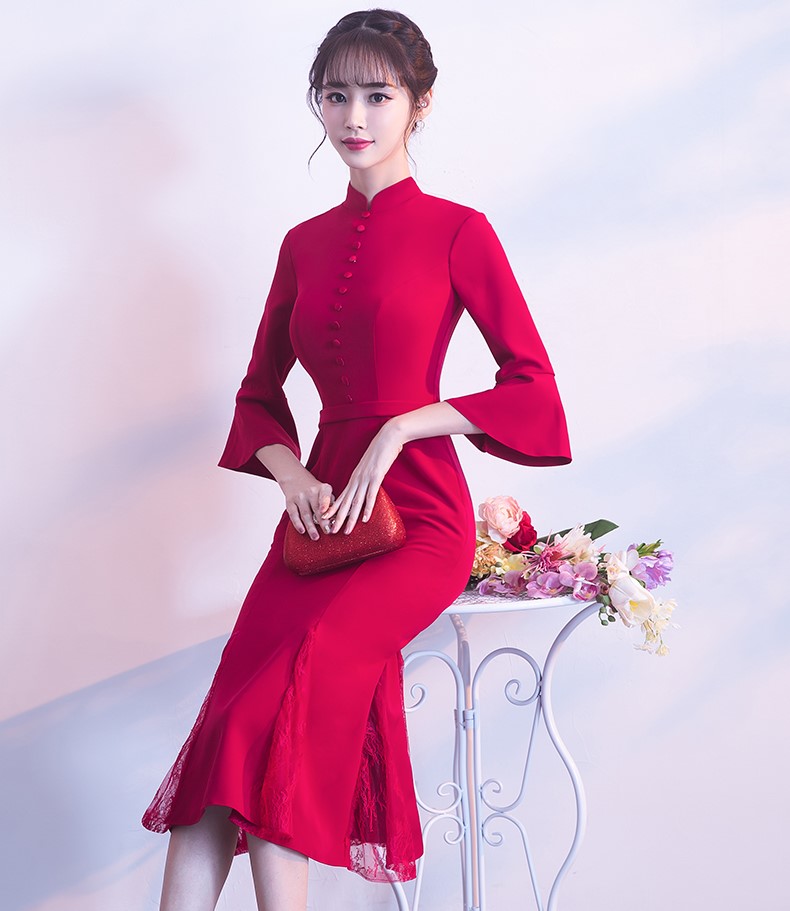 復(fù)古魚尾中式禮服，氣質(zhì)修身晚禮服