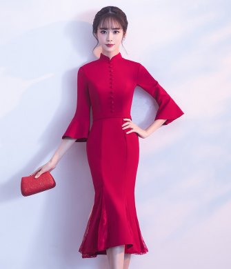 復古魚尾中式禮服，氣質修身晚禮服