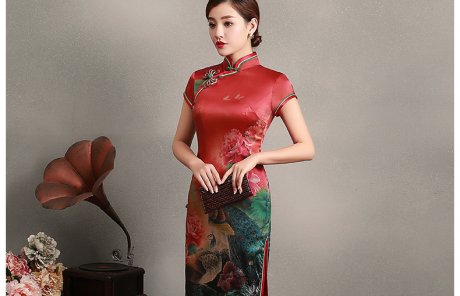 花團錦簇短袖旗袍，蠶絲印花旗袍裙