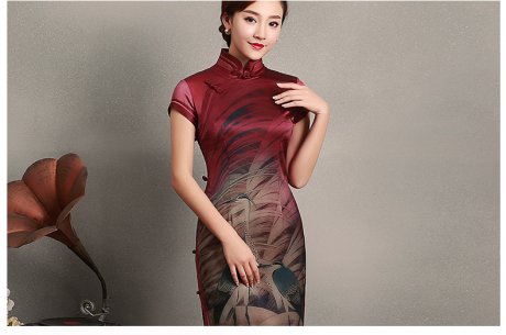 復(fù)古鶴短袖旗袍，蠶絲印花旗袍裙