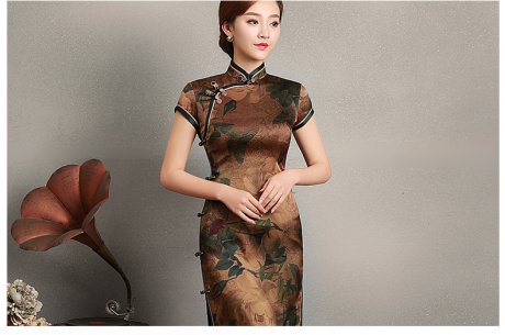 復(fù)古風(fēng)沉今短袖旗袍，蠶絲印花旗袍裙