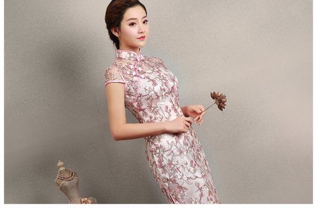 粉色繡花旗袍，蕾絲短款旗袍裙