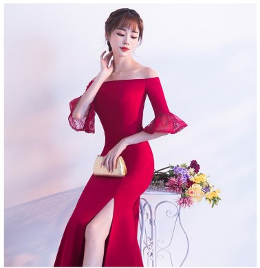 一字肩開叉中式禮服，甜美蕾絲袖口晚禮服