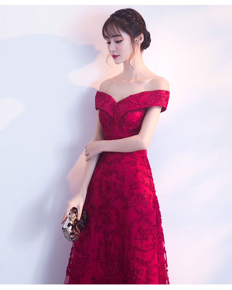 一字肩中式禮服，甜美蕾絲花晚禮服